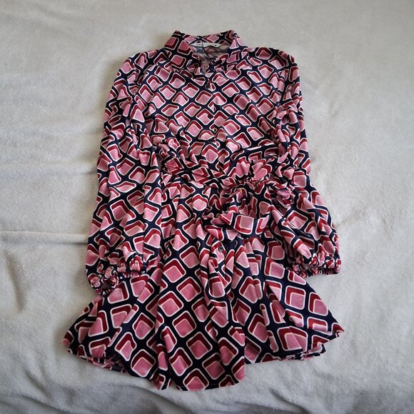Zara NWOT Women's Size XS Pink Geo Print Velvet Belted Mini Shirt Dress - Picture 6 of 14